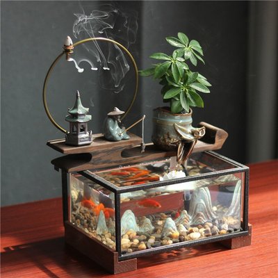 中式陶瓷流水器擺件透明魚缸客廳辦公室創意桌面開業禮品