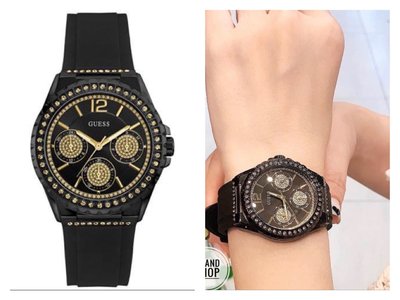 全新正品GUESS手錶(W0846L1)黑色矽膠錶帶 晶鑽 石英女生三眼計時時尚腕錶38mm(u0846L1)