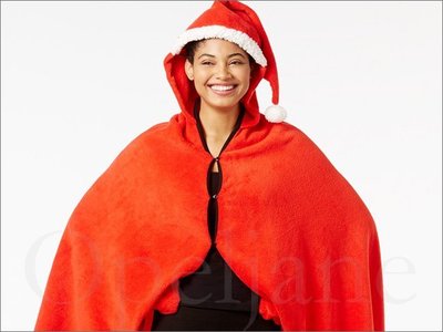 美國品牌 可愛聖誕老公公帽子連身帽造型 紅色毛絨披衣 電視毯 懶人毯 有手套 新年居家休閒披肩 愛Coach包包