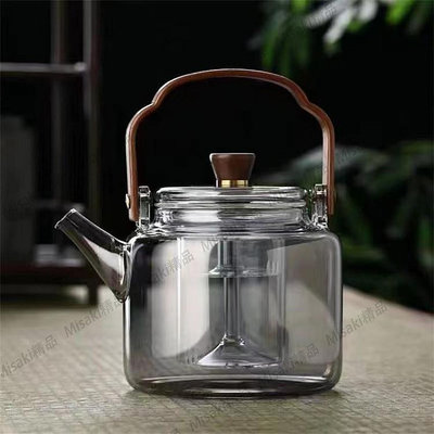 胡桃木把提梁壺家用高硼硅玻璃煮茶壺提梁壺可用電陶爐加熱茶壺磁茶壺