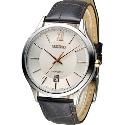 【金台鐘錶】SEIKO手錶 精工錶 SGEH55P1 藍寶石水晶鏡面 日期 玫金色時標 米白面咖啡皮帶男錶