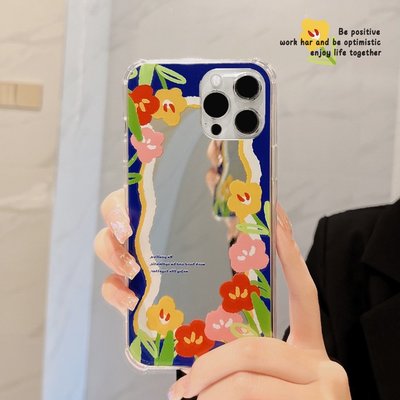 tae7 油畫花朵鏡面8適用iphone11 12 13 pro max蘋果12手機殼11補妝鏡xr彩繪xs