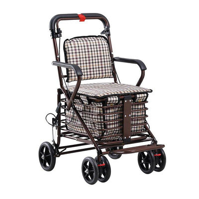 熱銷  老年代步車可坐可推助步座椅四輪折疊購物車買菜小拉車老人手 可開發票