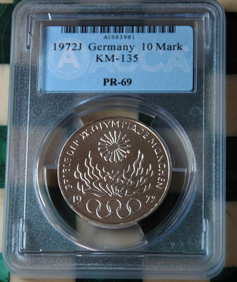 評級幣 1972J 德國 慕尼黑奧運 10馬克銀幣 ACCA PR69*保真*