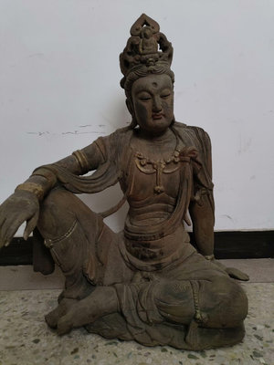 木雕素皮殼佛像  坐地自在觀音菩薩造像擺件 高80公分
