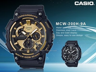 CASIO 卡西歐 手錶專賣店 國隆 MCW-200H-9A 三眼計時男錶 樹脂錶帶 深灰X金色錶面 防水100米 碼錶功能 MCW-200H