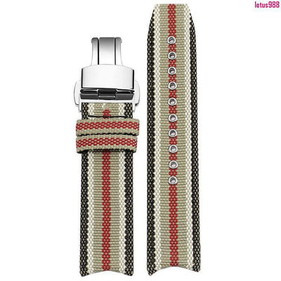 贈送工具FA尼龍手錶帶適用於巴寶莉博柏利BU7600 7680條紋帆布蝴蝶扣皮錶鏈