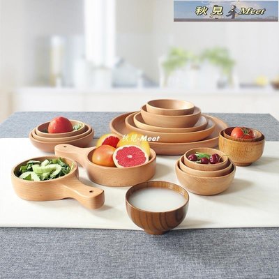 餐具木質碗盤碟套裝日式櫸木酸棗木碗原木色大中小號實木碗盤-促銷