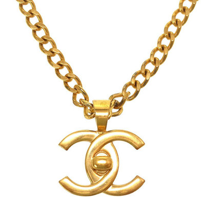 Chanel vintage香奈兒復古中性款經典金色書包釦項鍊