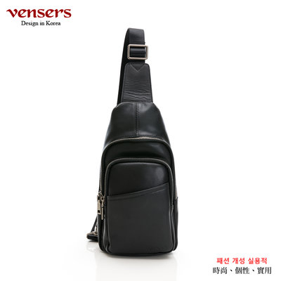 【vensers】小牛皮潮流個性包~胸包 腰包 運動腰包 休閒胸包 外出輕便 (NE805101黑色)