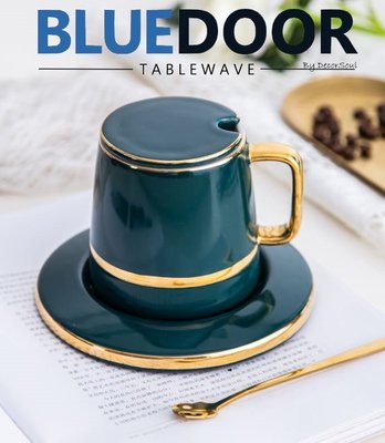 BlueD_ 藍綠色 金邊 330ML 咖啡杯 杯盤組 杯蓋 杯碟組 咖啡碟 下午茶杯 孔雀藍 奢華設計 網美風 IG款