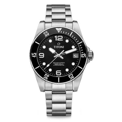 「官方授權」TITONI 梅花錶 SEASCOPER 600 米深潛系列男機械腕錶(83600S-BK-256)-42m
