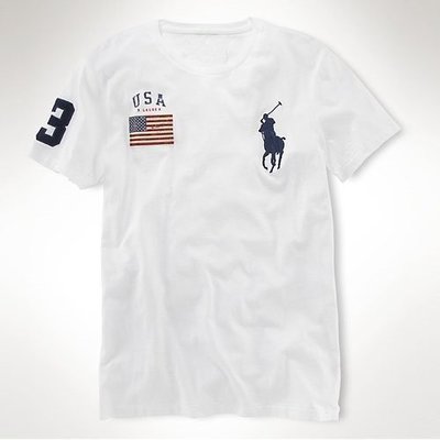 【Polo Ralph Lauren】RL 大男童大馬短袖T恤國旗數字3純棉圓領短袖T恤 潮T 白色