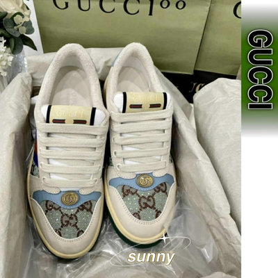 Gucci古馳女鞋臟臟鞋GG條紋Screener水鉆休閑情侶板鞋小臟鞋-SUNNY