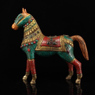 特賣-尼泊爾收老純銅純手工打造鑲嵌寶石彩繪描金馬 重3730克 高27厘米 長26厘米 900  0013