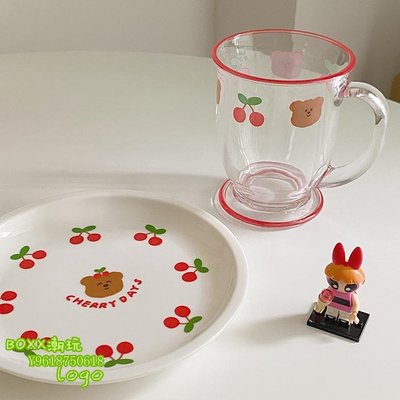 BOxx潮玩~櫻桃小熊大容量玻璃杯卡通陶瓷盤 沙拉水果盤 吒人設計