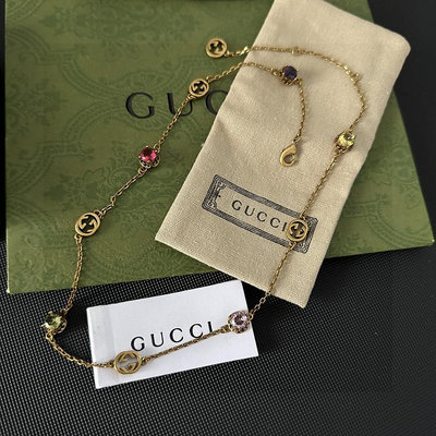 義大利奢侈時裝品牌Gucci彩色水鑽互扣雙G古銅項鍊 代購