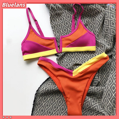Bluelans 夏季女式聚攏羅紋兩件式軟墊文胸高切丁字褲比基尼泳衣