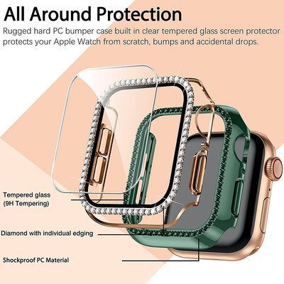 適用apple watch7/6蘋果手表殼保護套雙色單排鉆PC+電鍍+鋼化玻璃蘋果手錶保護殼 Applewatch保護殼 智能手錶保護殼