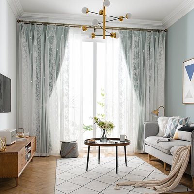 熱銷 流行窗簾雙層布紗一體遮光鏤空星星成品布簾客廳臥室定制飄窗