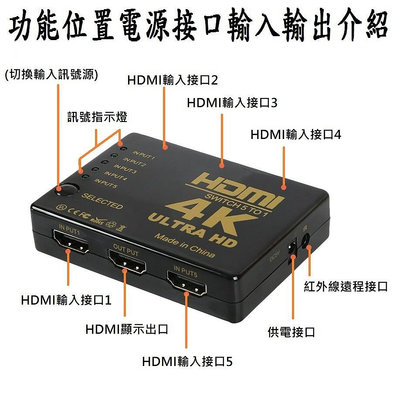 高點舞台音響 HDMI切換器5進1出送電源線&紅外線遙控器&接收器 高清電視Hub擴充口共享器支援4K*2自購5v變壓器