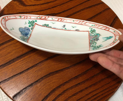 回流 明治時期名家平戶嘉祥赤繪交趾釉橢圓食皿。少見稀有。