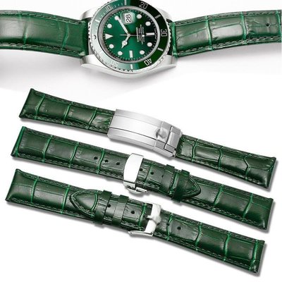 全館免運 適配勞力士錶帶真皮綠水鬼男士手錶帶潛航者針釦綠色真皮錶帶20mm 可開發票