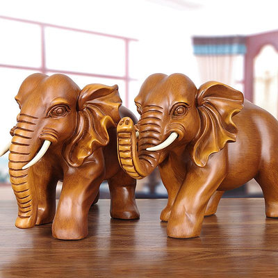 木雕實木雕招財大象擺件一對開業禮品客廳玄關電視柜辦公室桌裝飾品
