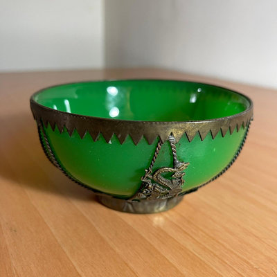 古早收藏 早期銅鑲玻璃碗 龍紋 手飾收納盤 置物盤 玻璃碗 1000-41