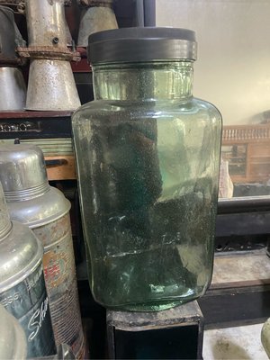 阿公的舊情人 早期 老玻璃 糖果罐 土豆糖罐 四角形 綠玻璃