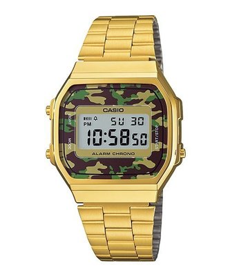 CASIO WATCH 卡西歐經典城市復古金搭迷彩冷光數位電子中性腕錶 型號：A168WEGC-3【神梭鐘錶】