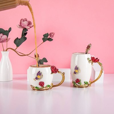 【熱賣下殺】歐式玫瑰玉瓷杯琺瑯彩陶瓷水杯創意清新咖啡杯情侶馬克