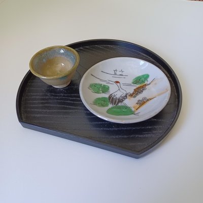 【MarsC】早期日本購入黑色半月形漆器茶盤茶托托盤餐盤點心小盤（25102065）