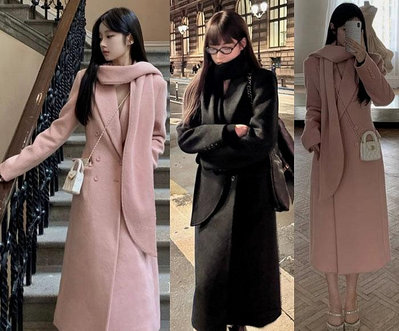 MINI MOLLY 保暖款 綿羊毛大衣 超美粉嫩粉紅色長大衣 黑色長外套 駝色大衣超質感 搭配同款圍巾