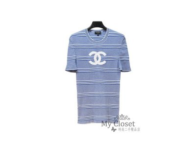 My Closet 二手名牌 CHANEL  2019 藍白色橫紋 白雙C Logo 短袖上衣