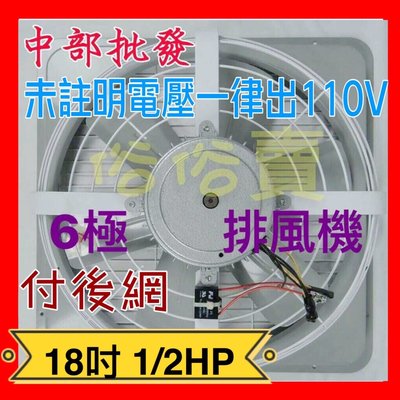 『中部批發』 18吋 1/2HP 6極 工業排風機 附網 吸排 通風機 抽風機 電風扇 工業扇 工業排風扇 (台灣製造)