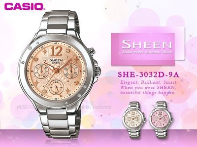 CASIO 卡西歐 手錶專賣店 國隆 CASIO SHEEN SHE-3032D-9A 三眼 施華洛世奇 不鏽鋼 霓虹