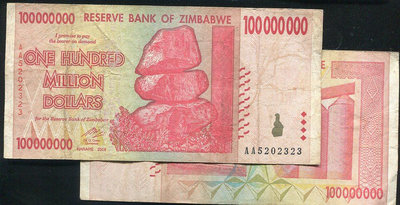 【紙幣】Zimbabwe (辛巴威),P80 , 1億 , 2008 品相普F#209092