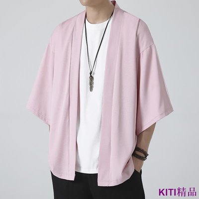 KITI精品男士冰絲短袖外套 M-5XL 民族素色百搭上衣 寬鬆 道袍 法袍 和服 大尺碼 披肩 男生衣著