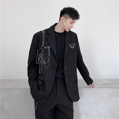 男生韓版西裝外套風衣凹造型2023暗黑系男裝機能風掛鏈裝飾西服夾克個性發型師西裝外套工裝外套