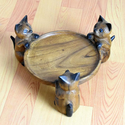 星星館 創意水果盤客廳沙發茶幾實木雕刻裝飾干果盆泰國三貓盤子復古LJ