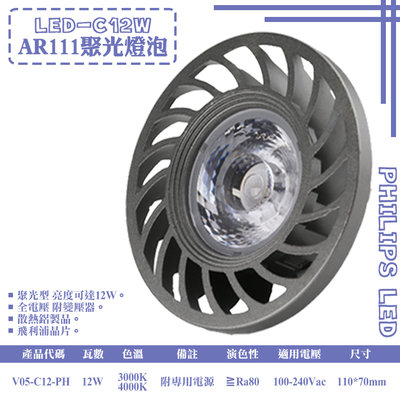 ❖基礎照明❖【V05-C12-PH】LED-COB-12W AR111燈泡 飛利浦晶片 附變壓器 全電壓