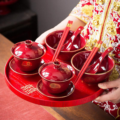結婚改口敬茶杯新婚碗筷套裝陶瓷紅色喜碗杯一對陪嫁禮品婚慶用品_木初伽野