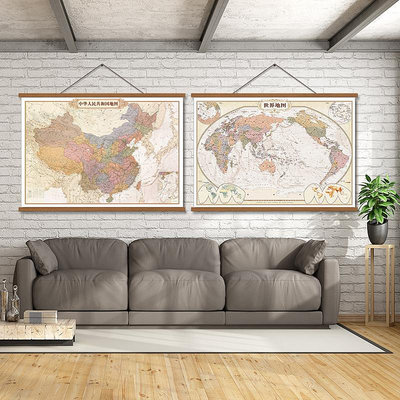 實木復古中國掛圖地圖世界辦公室書房客廳裝飾畫墻面掛畫墻畫壁畫