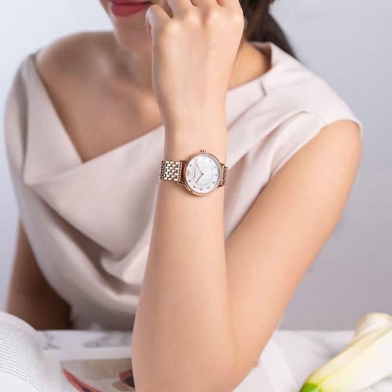 EMPORIO ARMANI Kappa 珍珠貝母錶盤玫瑰金色不鏽鋼錶帶石英
