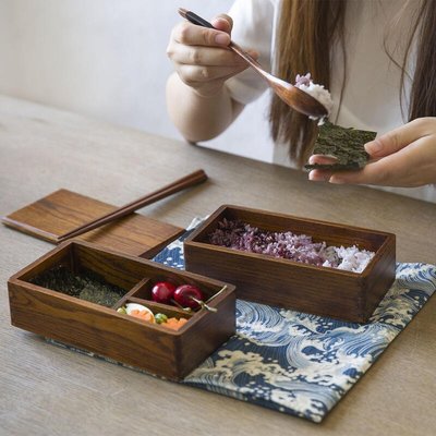 【熱賣精選】新款定制雙層木質便當盒整木分隔飯盒日式便當壽司飯團野餐木飯盒