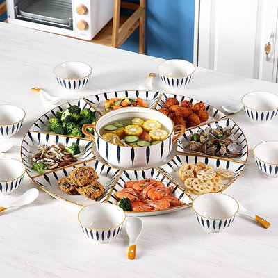 碗碟套裝家用創意陶瓷盤子菜盤團圓過年聚會火鍋拼盤陶瓷餐具套裝