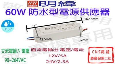 【敬】明緯 60W 防水型 電源供應器 12V 24V CNS認證 變壓器 驅動器 安定器 LED IP67 燈條 鋁條