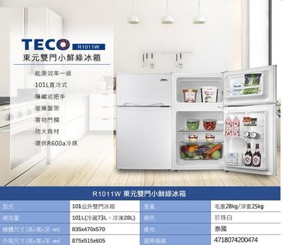 東元Teco 101公升小鮮綠一級雙門冰箱 R1011W R1011S