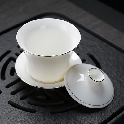 茶具 陶瓷三才蓋碗羊脂玉瓷功夫茶具描金白瓷茶具家用蓋碗可加